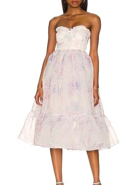 6X Selkie Strapless Pastel Floral Midi Dress in White and Lavender